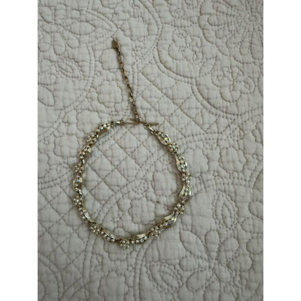 Vintage signed Longcraft choker necklace, gold-tone with pearls and ab stones.